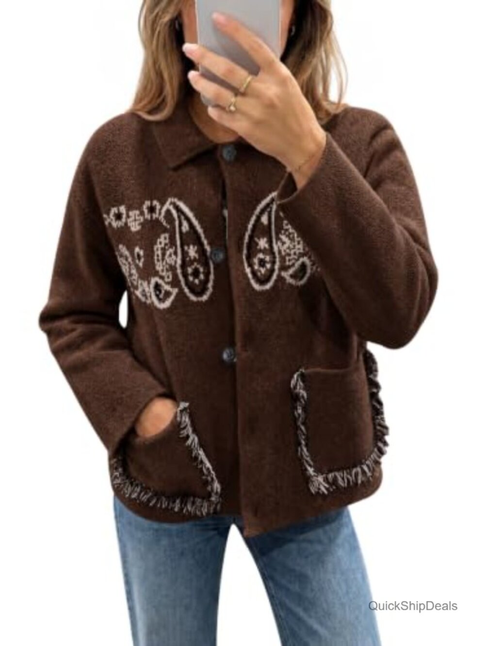 Boho Fringe Paisley Cardigan Sweater Button Down with Pockets